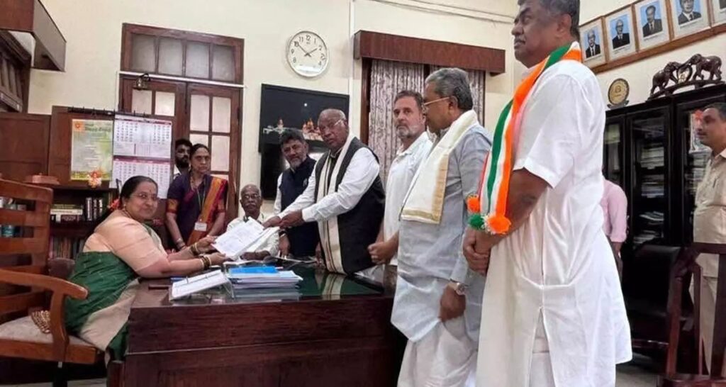 AICC President Mallikarjun Kharge on Friday filed his nomination papers for the impending Rajya Sabha elections from Karnataka on the Vidhana Soudha advanced. AICC President Mallikarjun Kharge on Friday filed his nomination papers for the upcoming Rajya Sabha elections from Karnataka at the Vidhana Soudha complex.