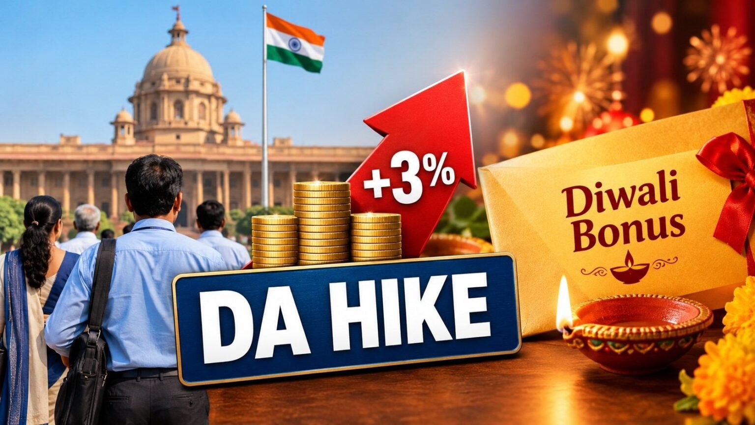 DA Hike 2026: Centre Pronounces 3% Build up and Diwali Bonus for G… DA Hike 2026: Centre Announces 3% Increase and Diwali Bonus for G...